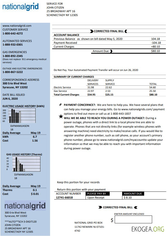 USA New York National Grid utility bill template in Word and PDF format